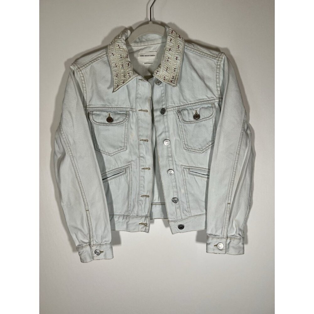 Isabel Marant light blue jean jacket beaded collar boho hippie sz 36(XS/4) Paris